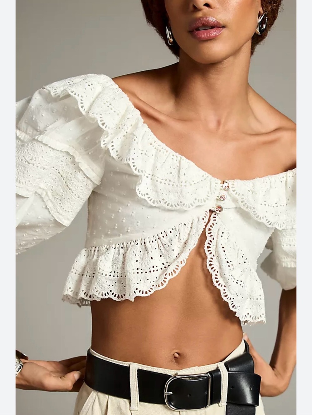 FARM Rio White Eyelet Off-Shoulder Ruffle Crop Top